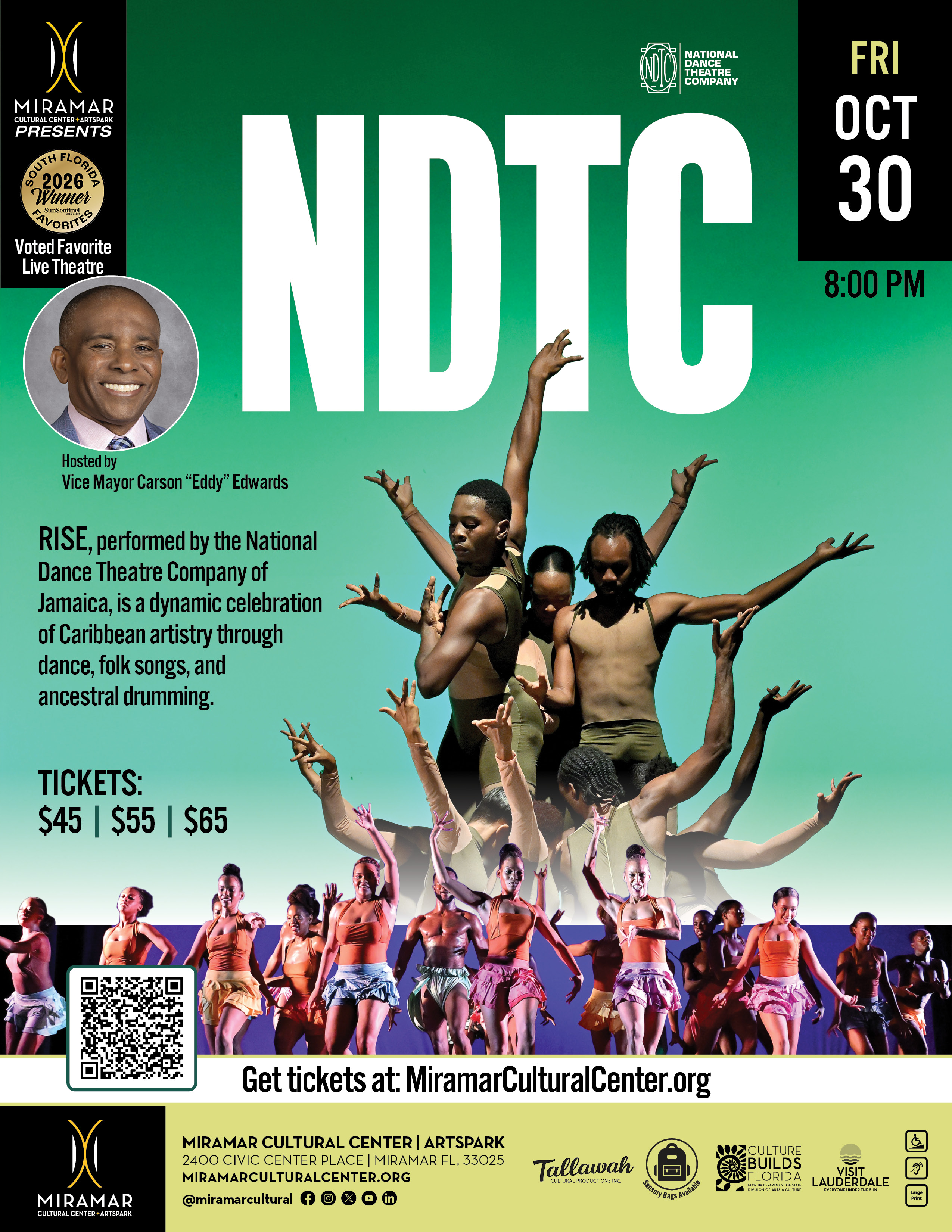 flyer for ndtc jamaica at the miramar cultural center on october 30